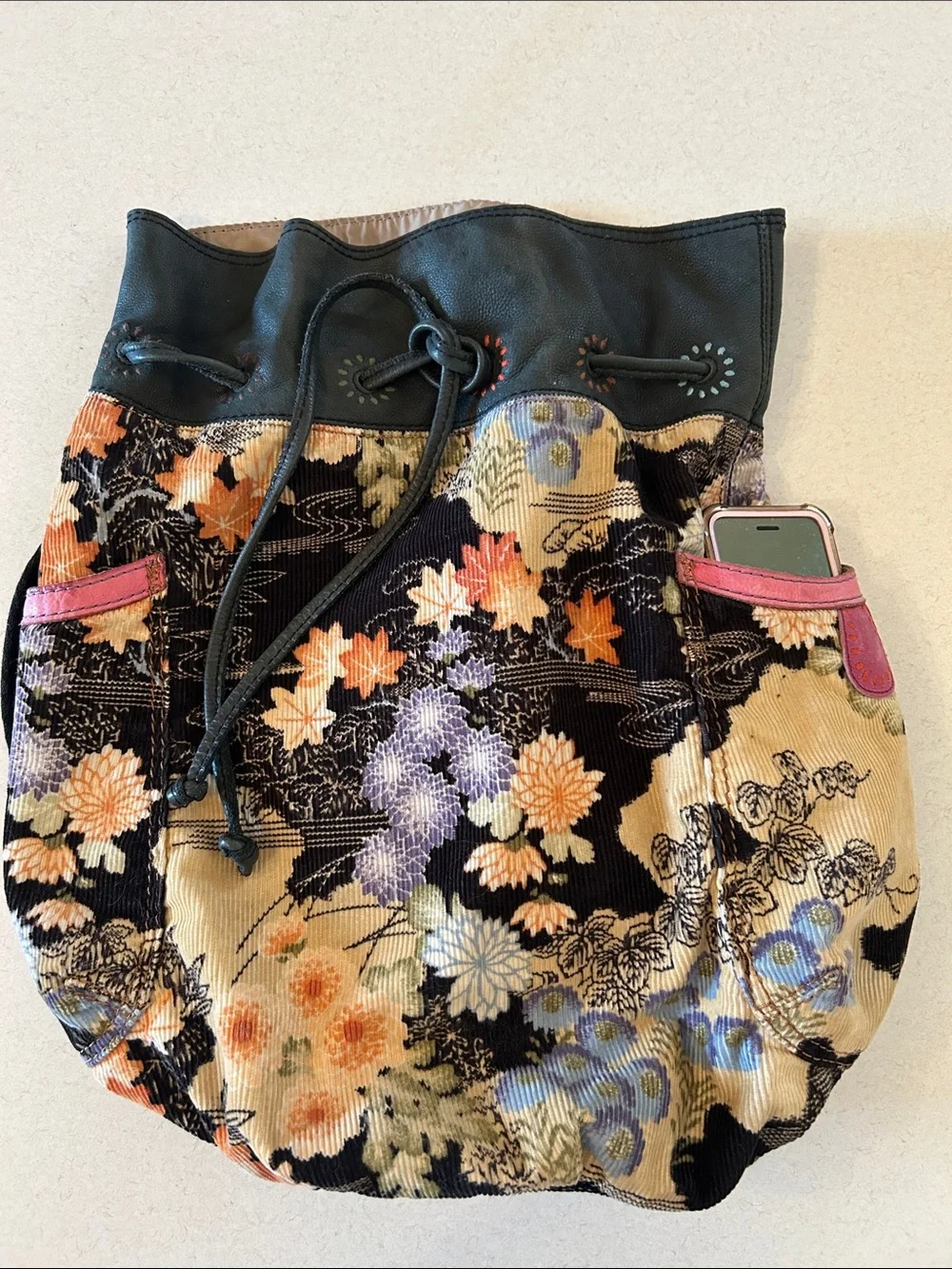 Lucky Brand Floral Leather Drawstring Backpack Sling Bag Shoulder Bag Crossbody